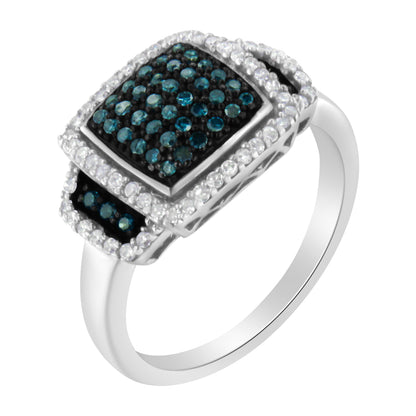 Black Rhodium Plated .925 Sterling Silver 1/2 Cttw White & Blue Diamond Square Halo Cocktail Ring (Fancy Blue & H-I Color, I2-I3 Clarity) - SIze 6 Bids.com