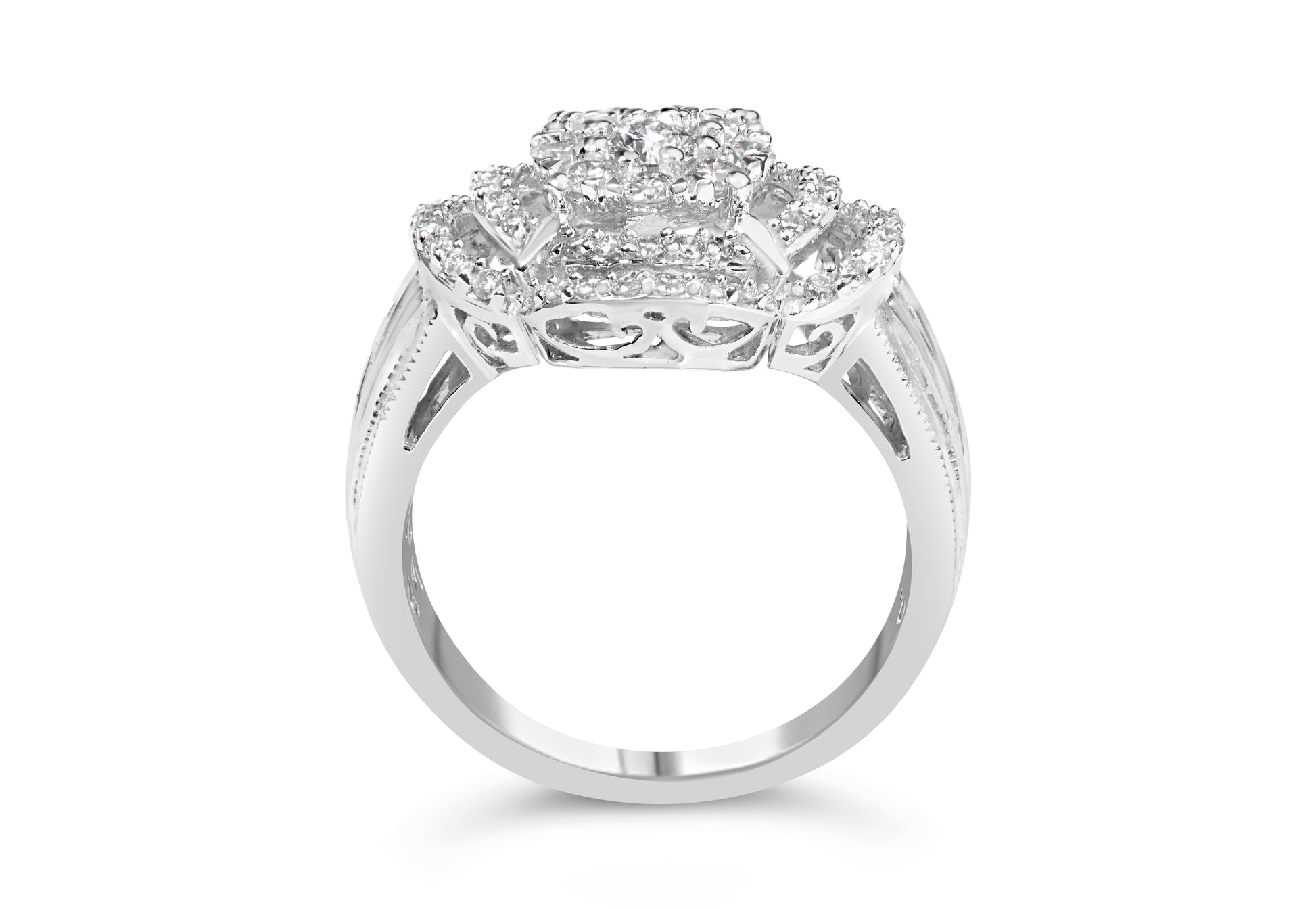 14K White Gold 1.0 Cttw Round & Baguette Cut Diamond Floral Cluster Quatrefoil Channel Set Band Cocktail Statement Ring (H-I Color, SI2-I1 Clarity) - Size 6-3/4 Bids.com