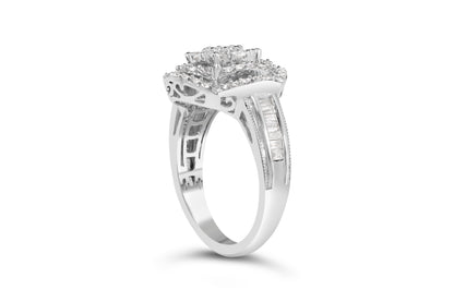 14K White Gold 1.0 Cttw Round & Baguette Cut Diamond Floral Cluster Quatrefoil Channel Set Band Cocktail Statement Ring (H-I Color, SI2-I1 Clarity) - Size 6-3/4 Bids.com