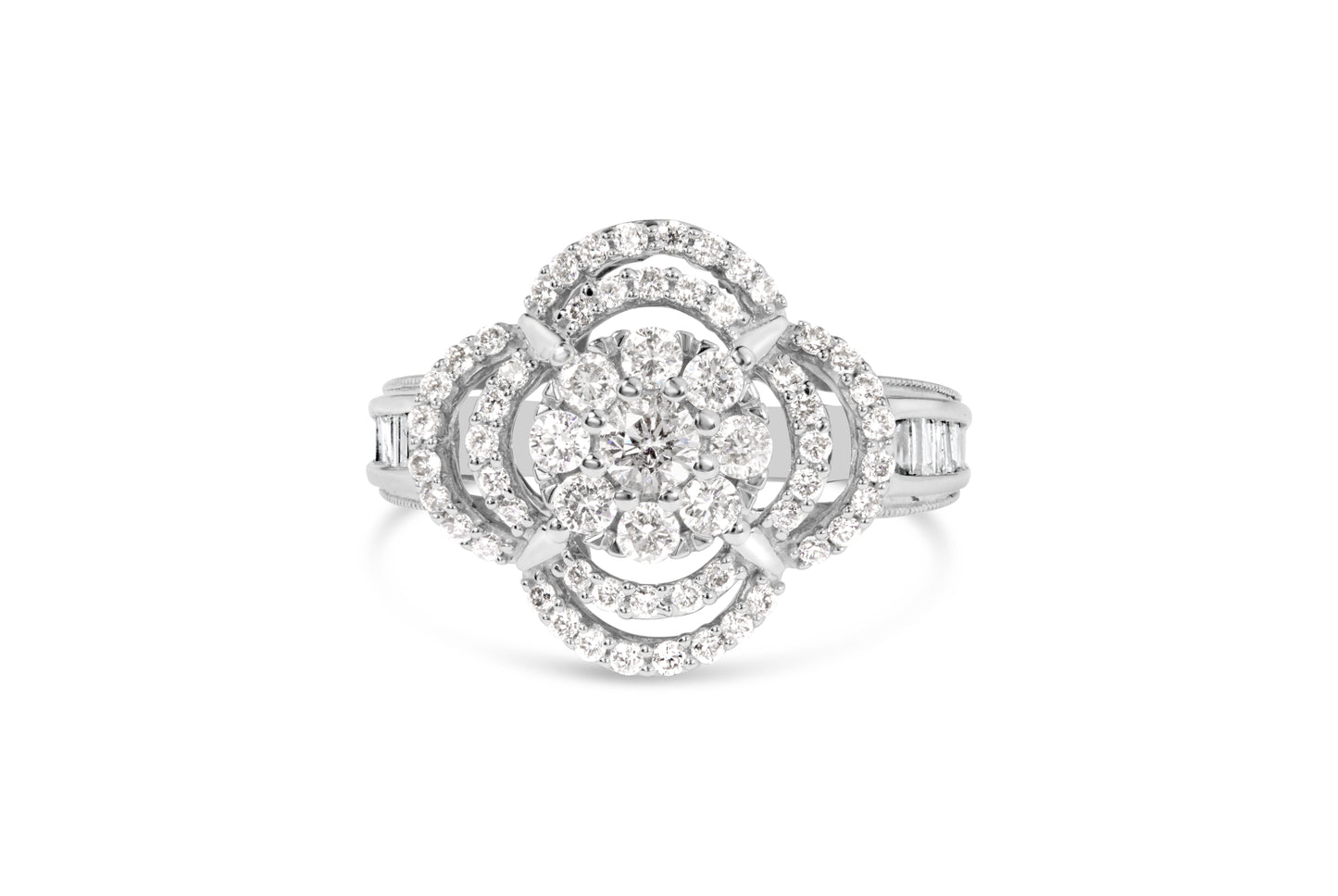 14K White Gold 1.0 Cttw Round & Baguette Cut Diamond Floral Cluster Quatrefoil Channel Set Band Cocktail Statement Ring (H-I Color, SI2-I1 Clarity) - Size 6-3/4 Bids.com