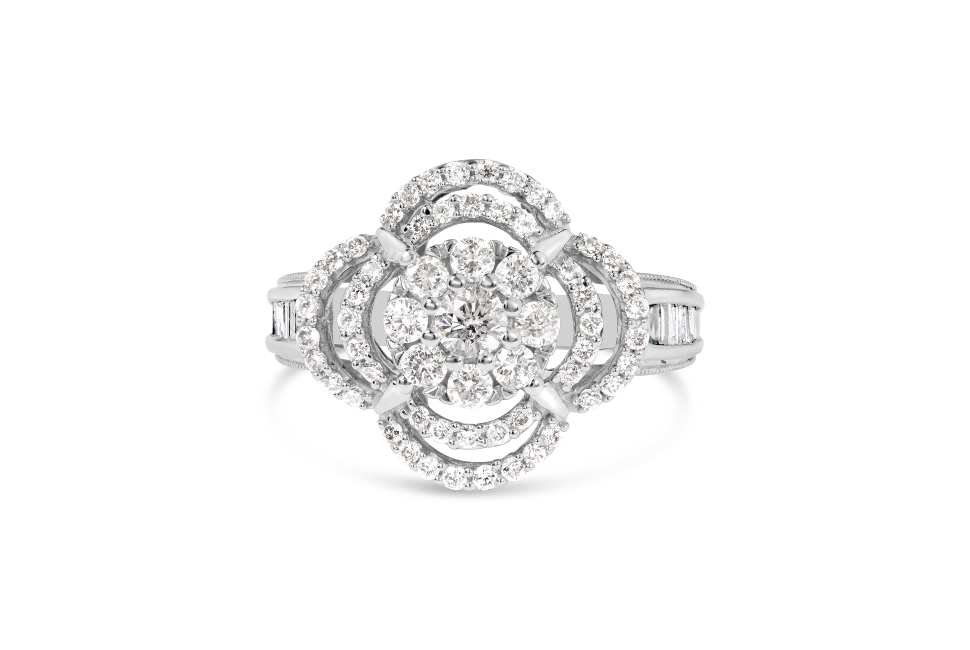 14K White Gold 1.0 Cttw Round & Baguette Cut Diamond Floral Cluster Quatrefoil Channel Set Band Cocktail Statement Ring (H-I Color, SI2-I1 Clarity) - Size 6-3/4 Bids.com