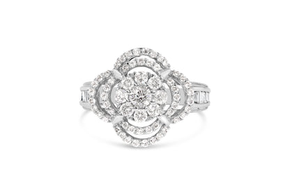 14K White Gold 1.0 Cttw Round & Baguette Cut Diamond Floral Cluster Quatrefoil Channel Set Band Cocktail Statement Ring (H-I Color, SI2-I1 Clarity) - Size 6-3/4 Bids.com