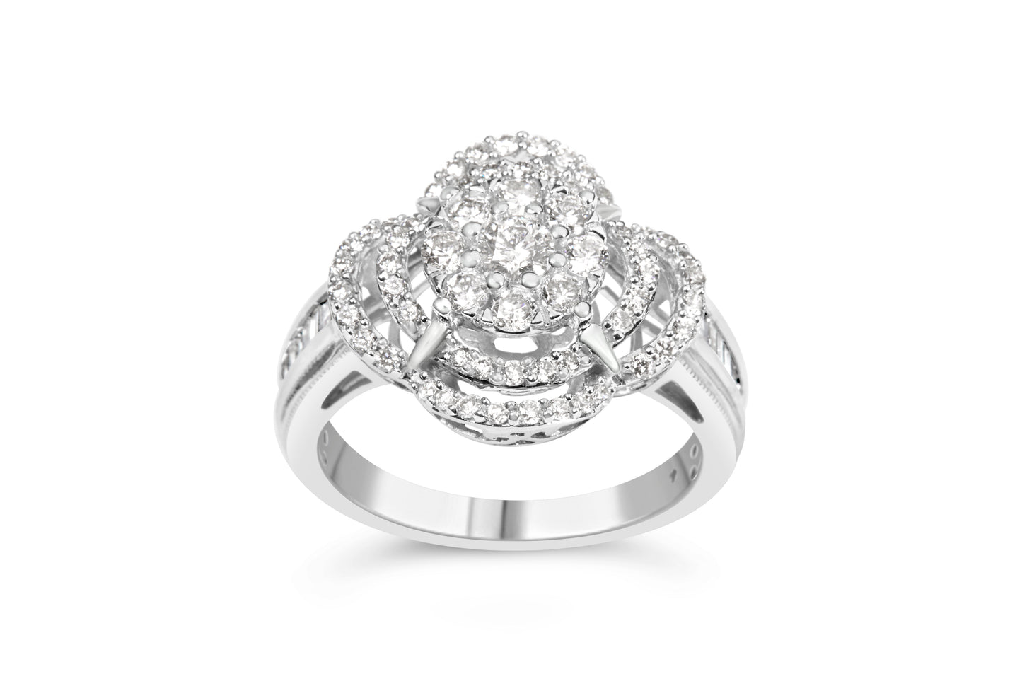 14K White Gold 1.0 Cttw Round & Baguette Cut Diamond Floral Cluster Quatrefoil Channel Set Band Cocktail Statement Ring (H-I Color, SI2-I1 Clarity) - Size 6-3/4 Bids.com