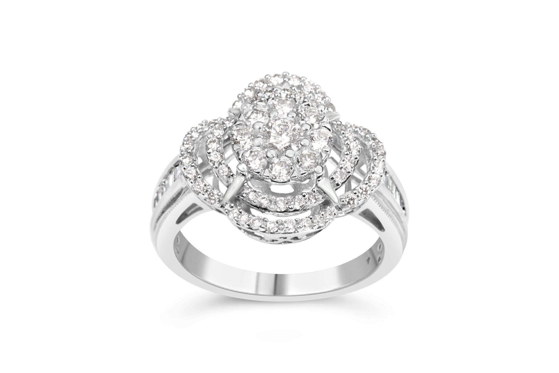 14K White Gold 1.0 Cttw Round & Baguette Cut Diamond Floral Cluster Quatrefoil Channel Set Band Cocktail Statement Ring (H-I Color, SI2-I1 Clarity) - Size 6-3/4 Bids.com