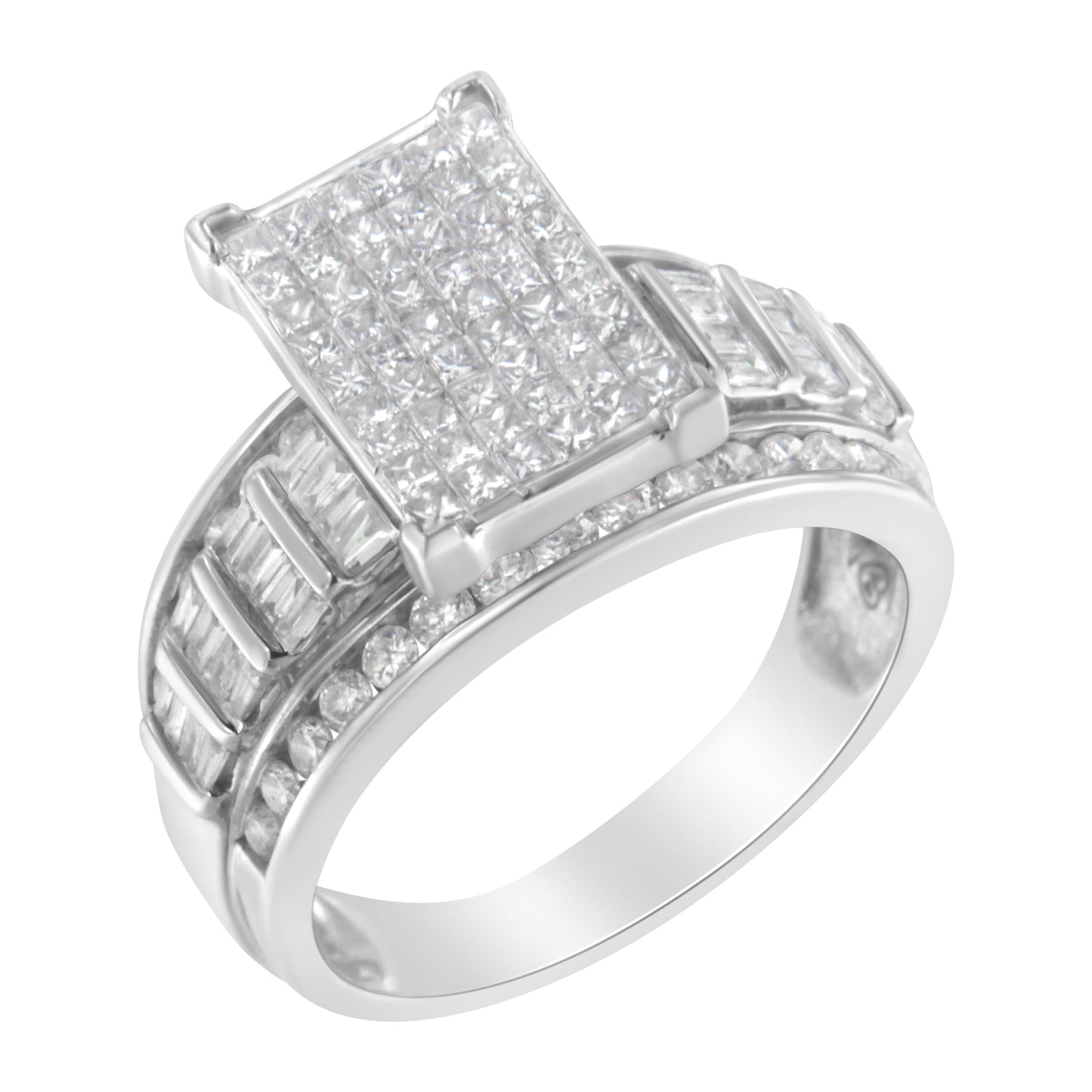 14K White Gold 2.0 Cttw Mixed-Cut Diamond Rectangle Invisible-Set Composite Cluster Ring with Bar- and Channel-Set Band (H-I Color, SI2-I1 Clarity) - Size 5 Bids.com