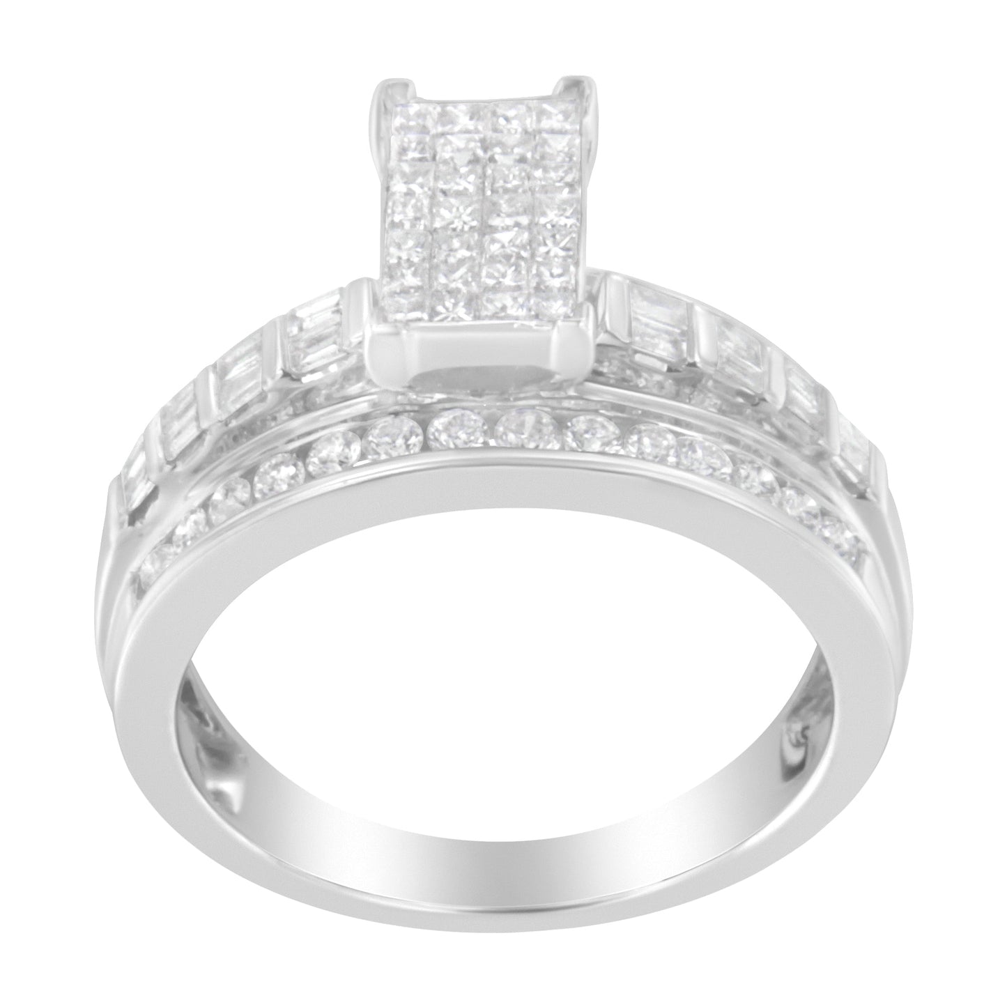 14K White Gold 1.0 Cttw Mixed-Cut Diamond Rectangle Invisible-Set Composite Cluster Ring with Bar- and Channel-Set Band (H-I Color, SI2-I1 Clarity) - Size 7 Bids.com