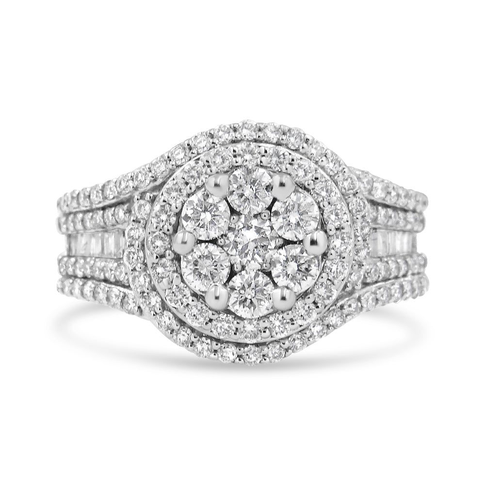 14K White Gold 1 1/2 Cttw Diamond Floral Cluster and Studded Shank Halo Ring (H-I Color, SI2-I1 Clarity) - Ring Size 7 Bids.com