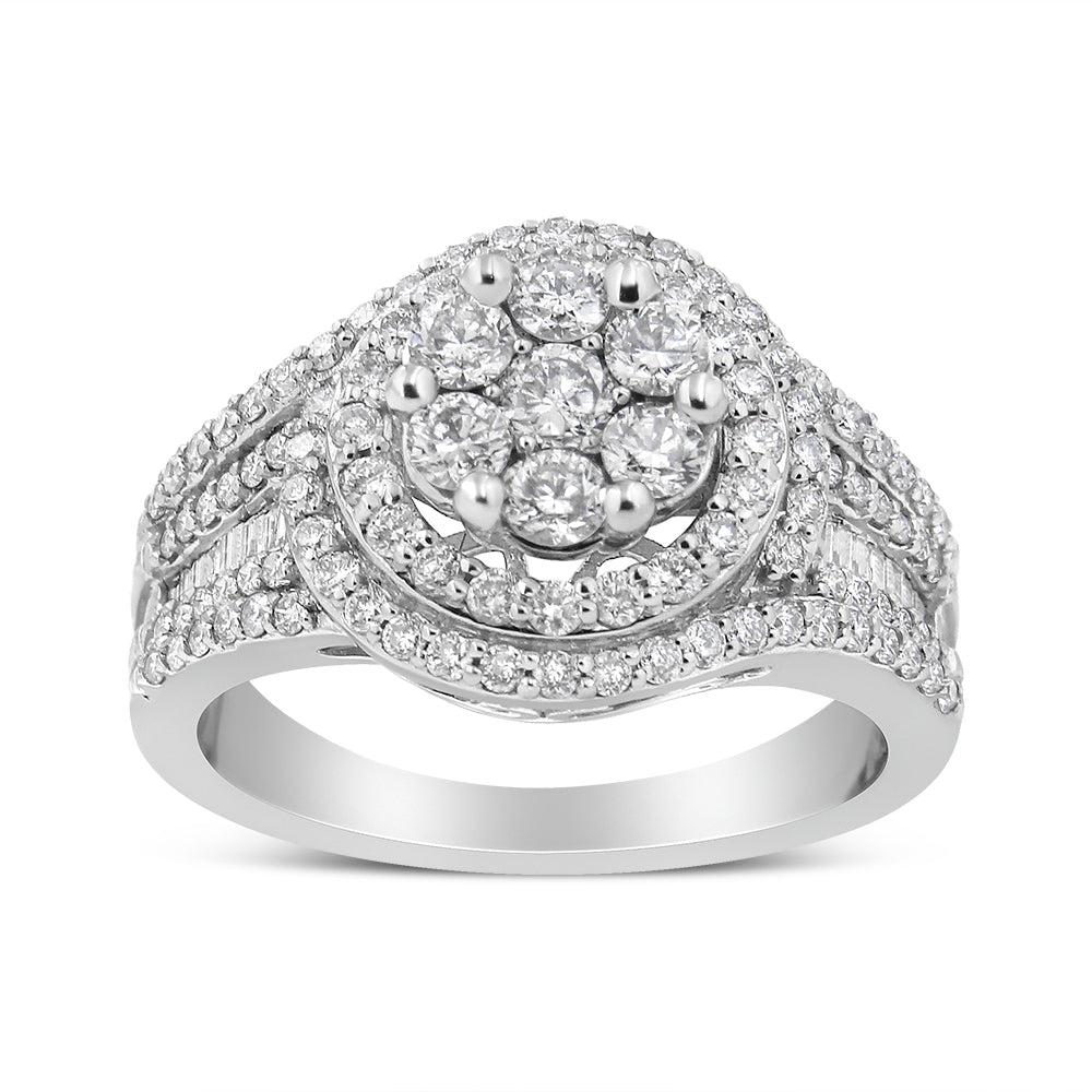 14K White Gold 1 1/2 Cttw Diamond Floral Cluster and Studded Shank Halo Ring (H-I Color, SI2-I1 Clarity) - Ring Size 7 Bids.com