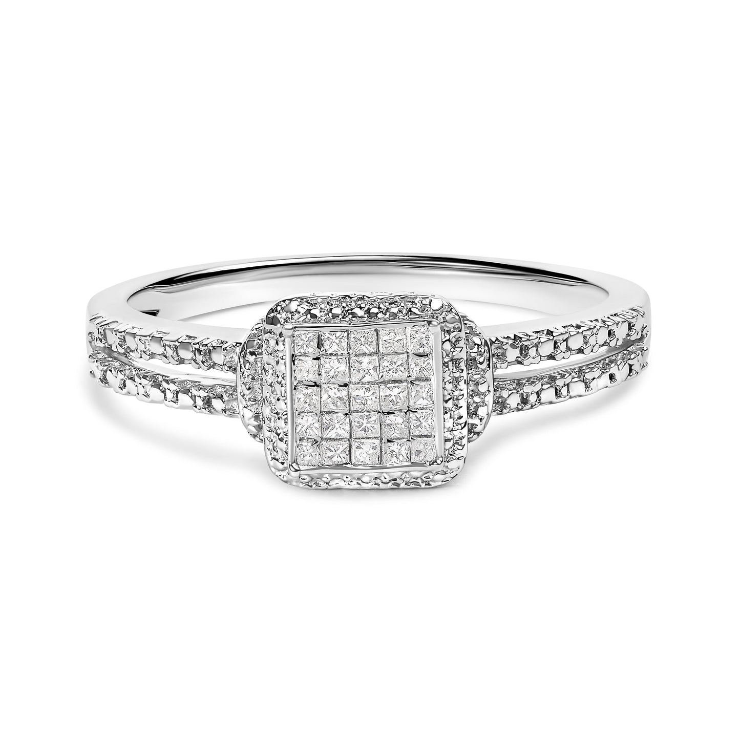 .925 Sterling Silver 1/4 Cttw Princess-cut Diamond Composite Ring with Beaded Halo (H-I Color, SI1-SI2 Clarity) - Size 7 Bids.com