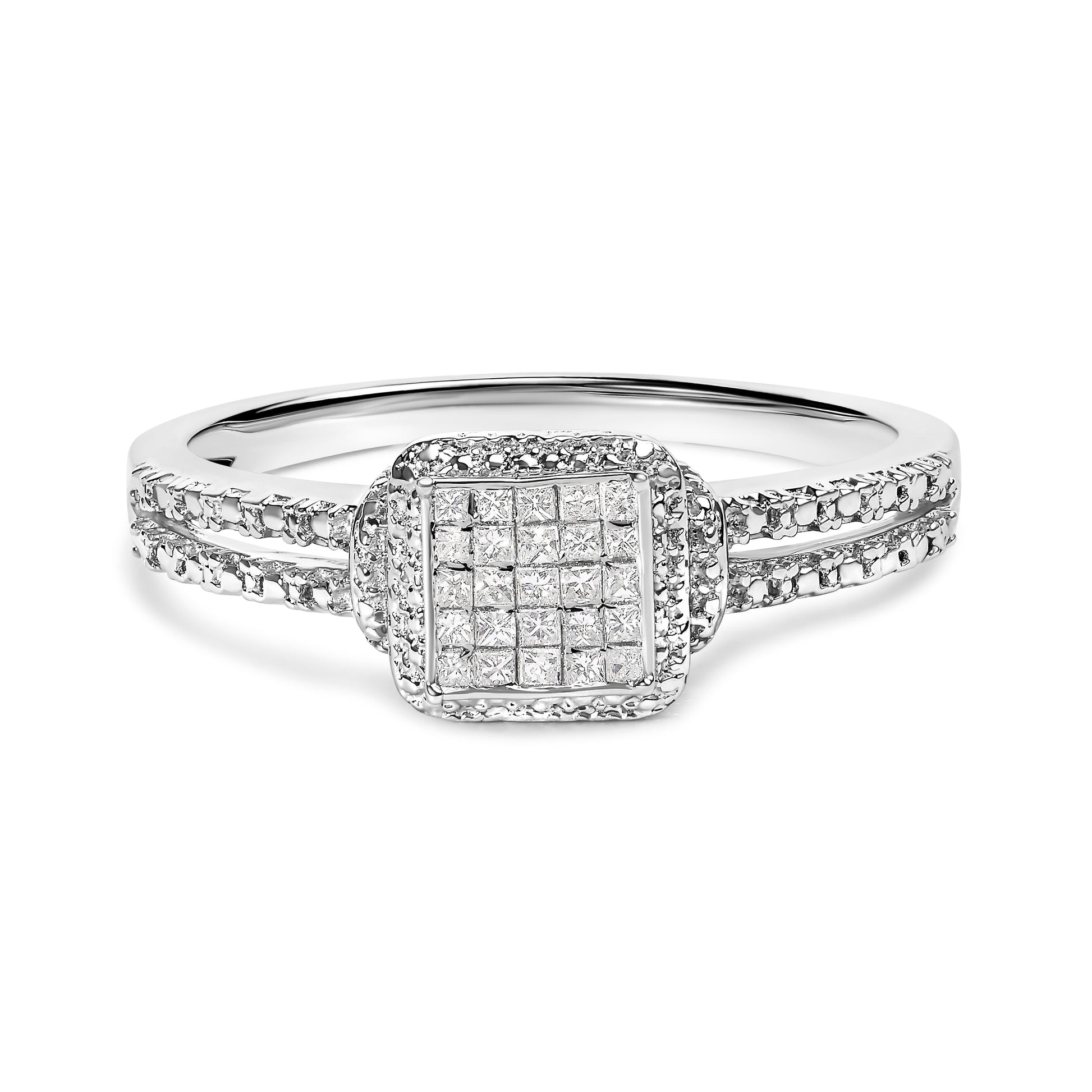 .925 Sterling Silver 1/4 Cttw Princess-cut Diamond Composite Ring with Beaded Halo (H-I Color, SI1-SI2 Clarity) - Size 7 Bids.com