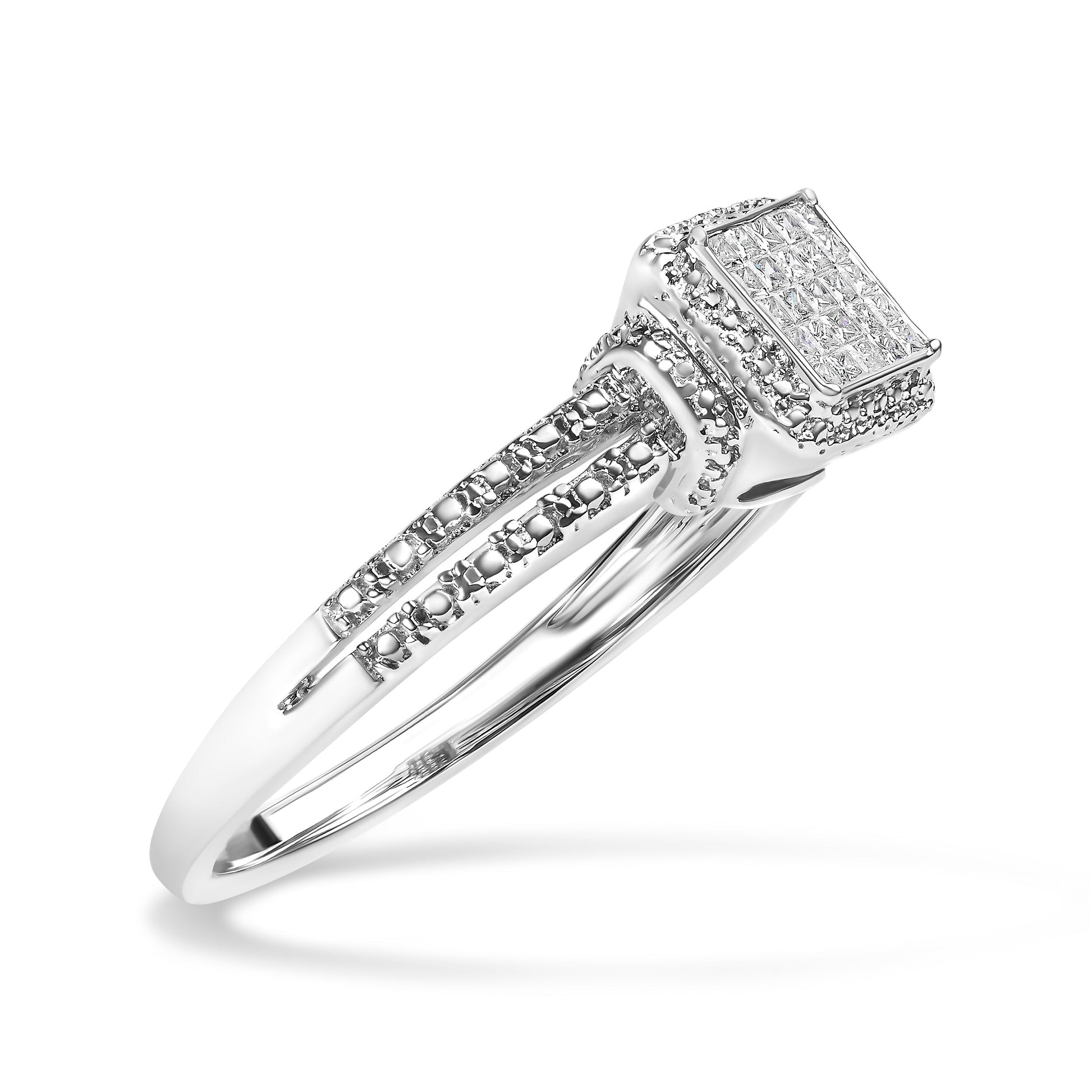 .925 Sterling Silver 1/4 Cttw Princess-cut Diamond Composite Ring with Beaded Halo (H-I Color, SI1-SI2 Clarity) - Size 7 Bids.com