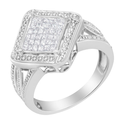 .925 Sterling Silver 2/5 Cttw Princess Cut Diamond Square On Point Cluster Composite Cocktail Ring (H-I Color, SI1-SI2 Clarity) - Size 6 Bids.com