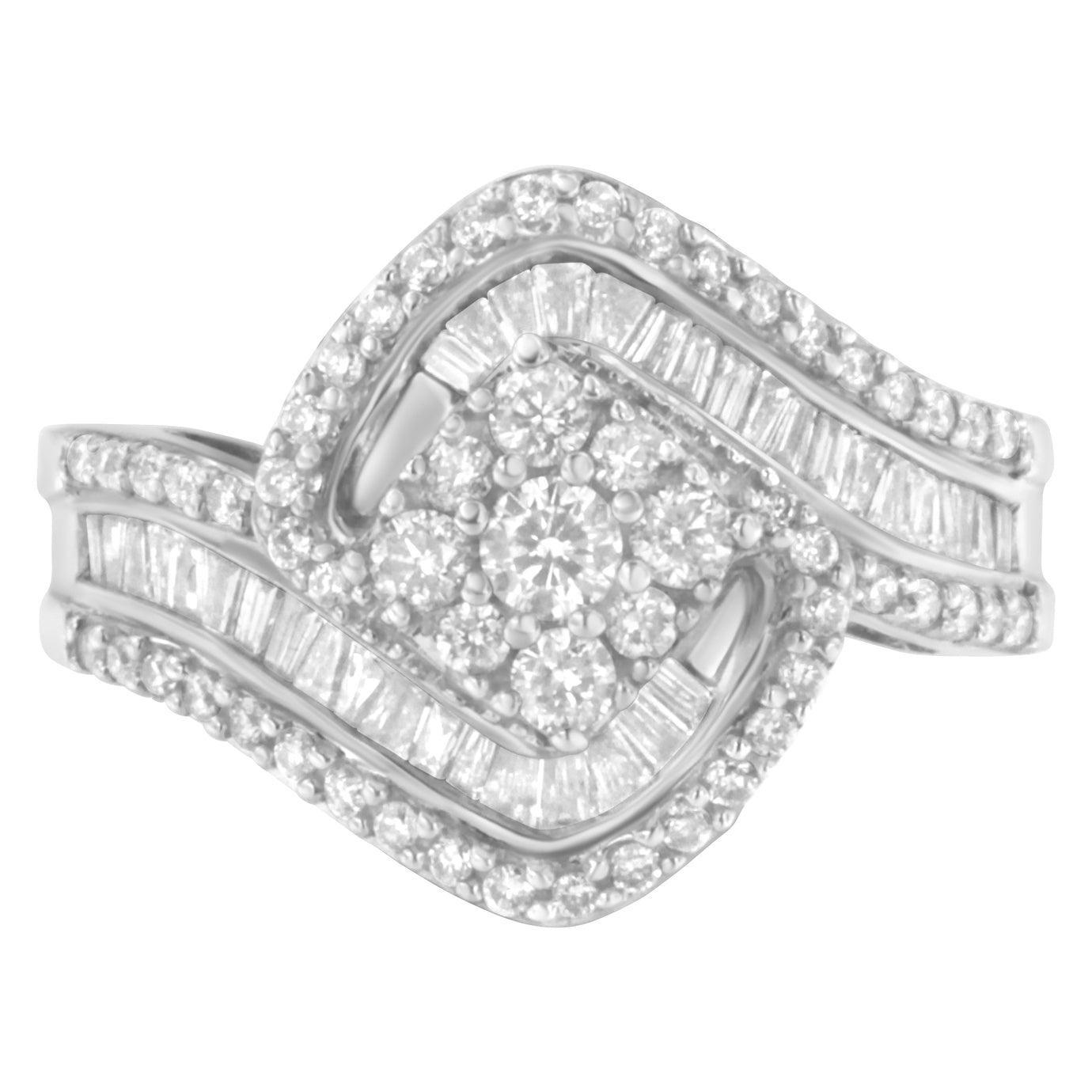 14K White Gold 1 Cttw Baguette and Round Diamond Floral Swirl Cluster Cocktail Ring Bids.com