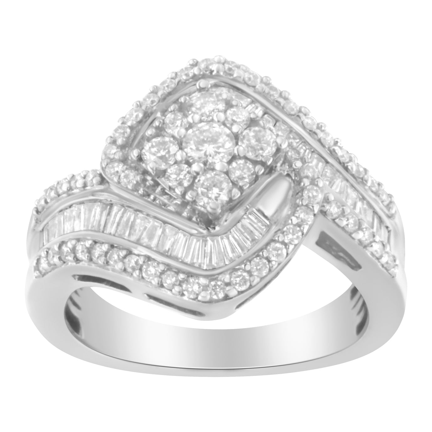 14K White Gold 1 Cttw Baguette and Round Diamond Floral Swirl Cluster Cocktail Ring Bids.com