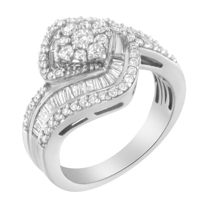 14K White Gold 1 Cttw Baguette and Round Diamond Floral Swirl Cluster Cocktail Ring Bids.com