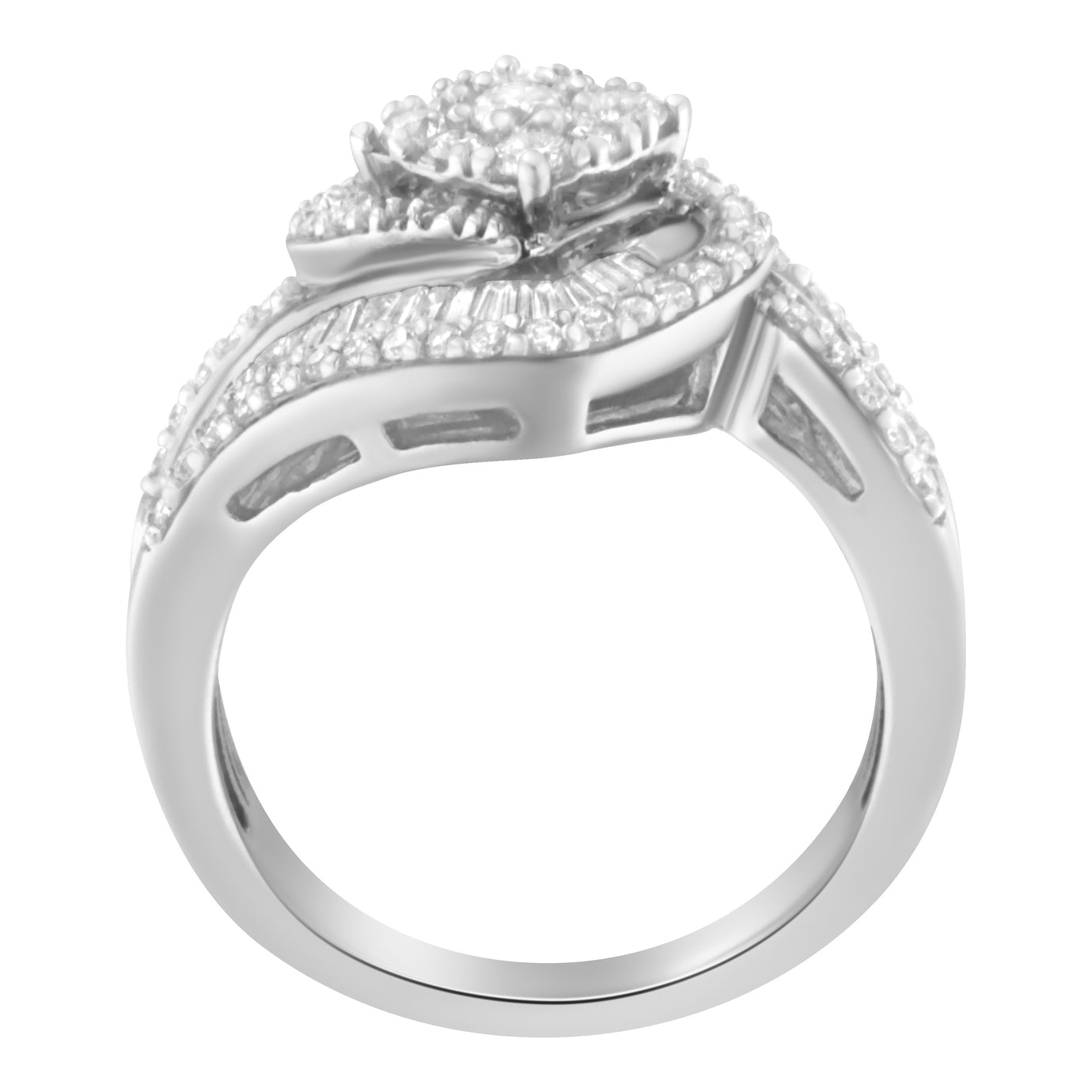 14K White Gold 1 Cttw Baguette and Round Diamond Floral Swirl Cluster Cocktail Ring Bids.com