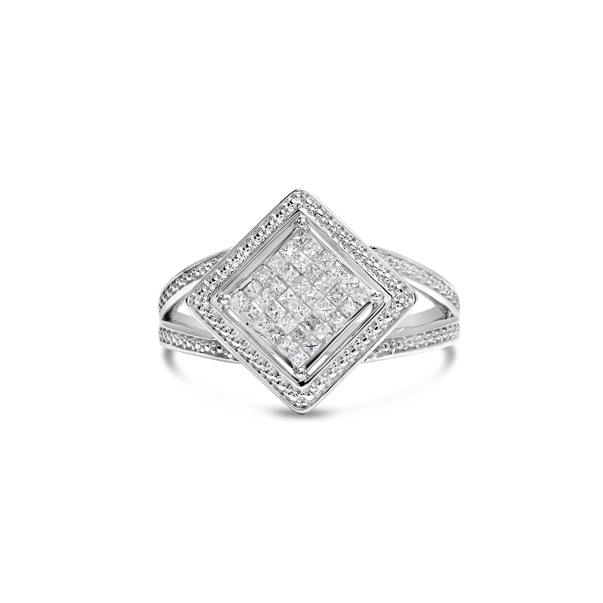 .925 Sterling Silver 1/3 Cttw Invisible Set Princess-Cut Diamond Rhombus and Beaded Halo Ring (H-I Color, SI1-SI2 Clarity) - Ring Size 7 Bids.com