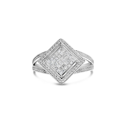.925 Sterling Silver 1/3 Cttw Invisible Set Princess-Cut Diamond Rhombus and Beaded Halo Ring (H-I Color, SI1-SI2 Clarity) - Ring Size 7 Bids.com