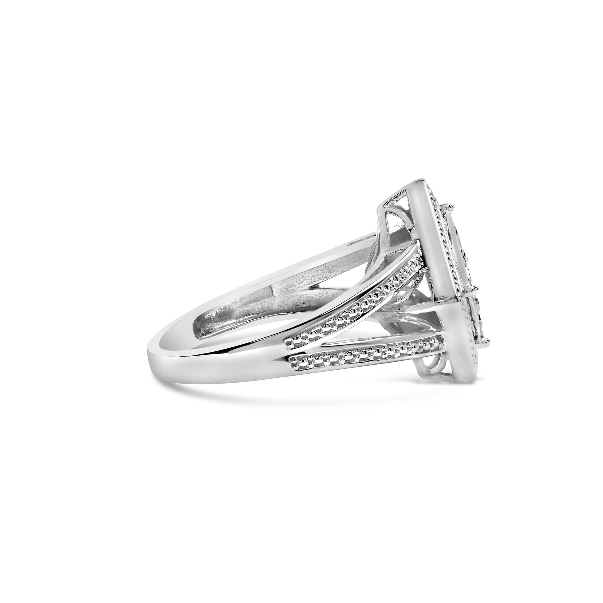 .925 Sterling Silver 1/3 Cttw Invisible Set Princess-Cut Diamond Rhombus and Beaded Halo Ring (H-I Color, SI1-SI2 Clarity) - Ring Size 7 Bids.com