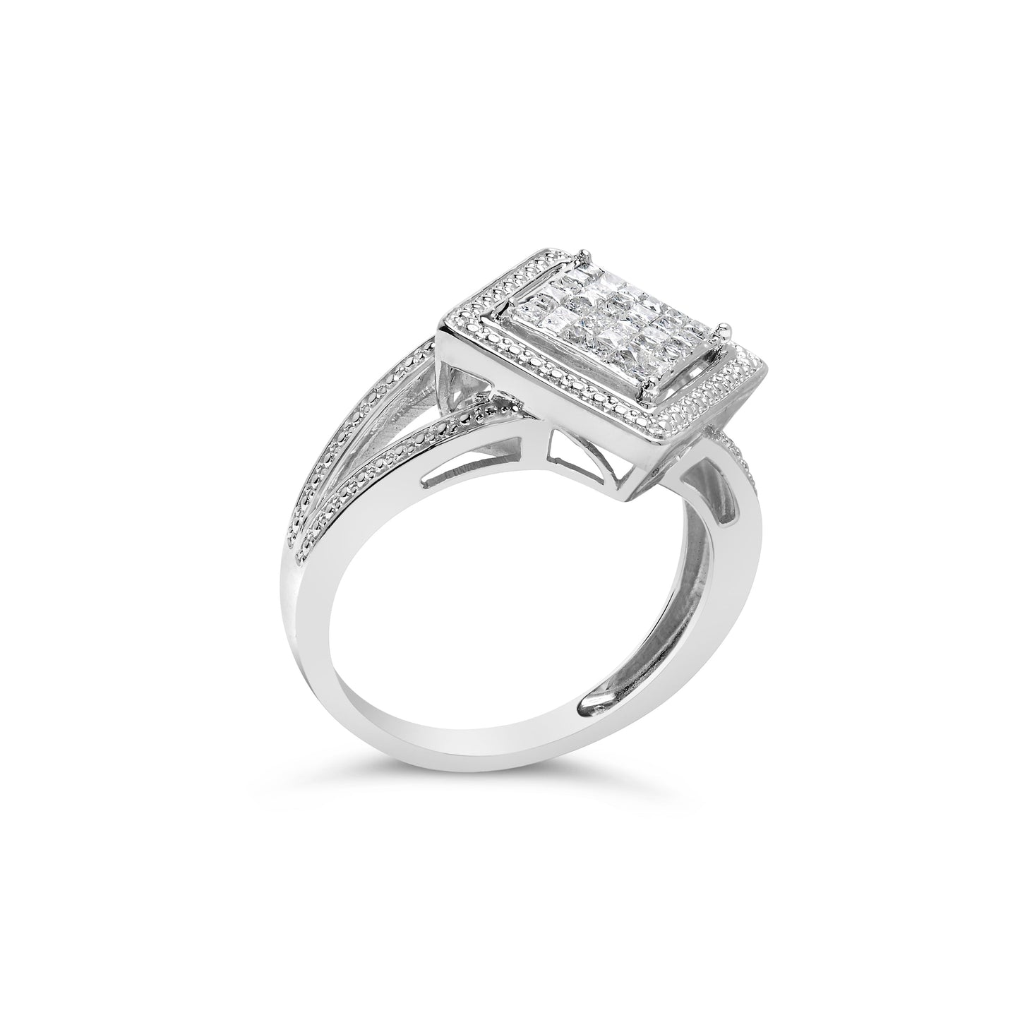 .925 Sterling Silver 1/3 Cttw Invisible Set Princess-Cut Diamond Rhombus and Beaded Halo Ring (H-I Color, SI1-SI2 Clarity) - Ring Size 7 Bids.com