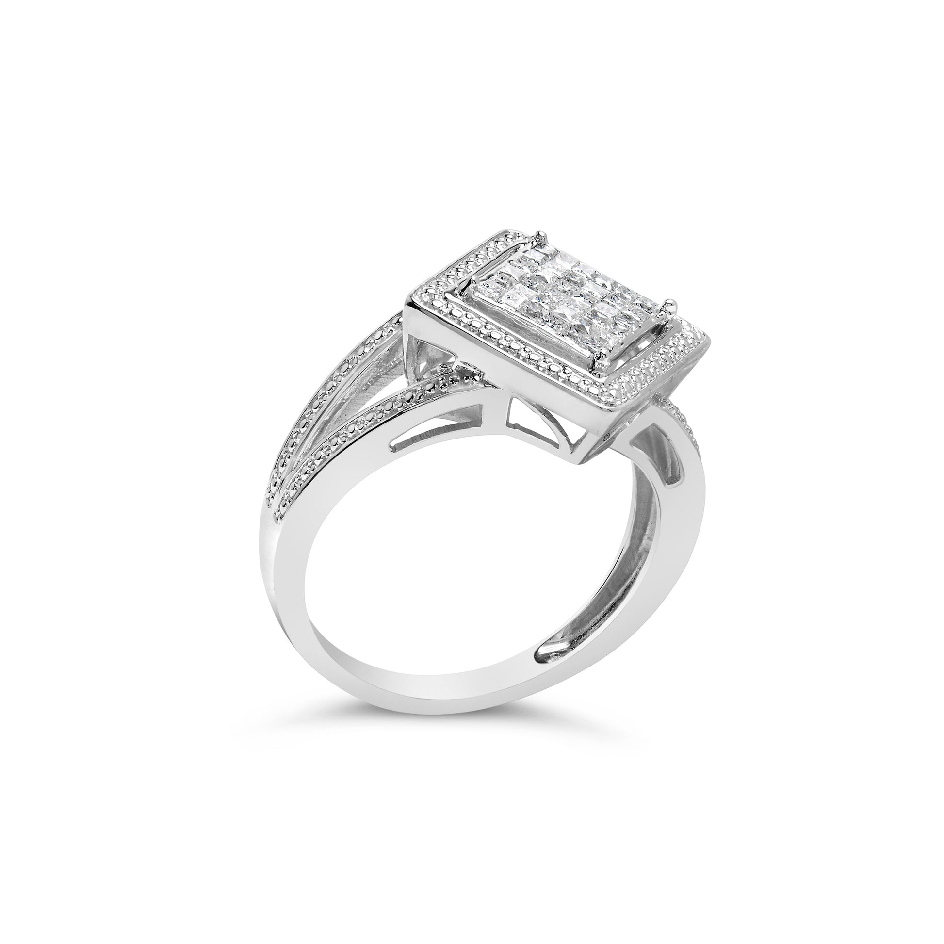 .925 Sterling Silver 1/3 Cttw Invisible Set Princess-Cut Diamond Rhombus and Beaded Halo Ring (H-I Color, SI1-SI2 Clarity) - Ring Size 7 Bids.com