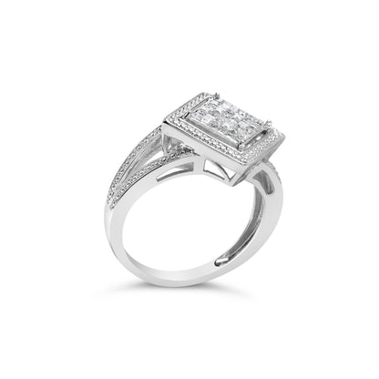 .925 Sterling Silver 1/3 Cttw Invisible Set Princess-Cut Diamond Rhombus and Beaded Halo Ring (H-I Color, SI1-SI2 Clarity) - Ring Size 7 Bids.com