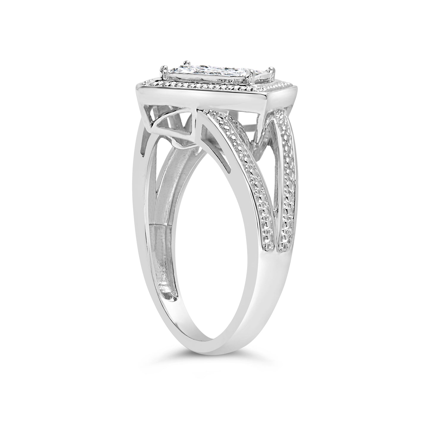 .925 Sterling Silver 1/3 Cttw Invisible Set Princess-Cut Diamond Rhombus and Beaded Halo Ring (H-I Color, SI1-SI2 Clarity) - Ring Size 7 Bids.com