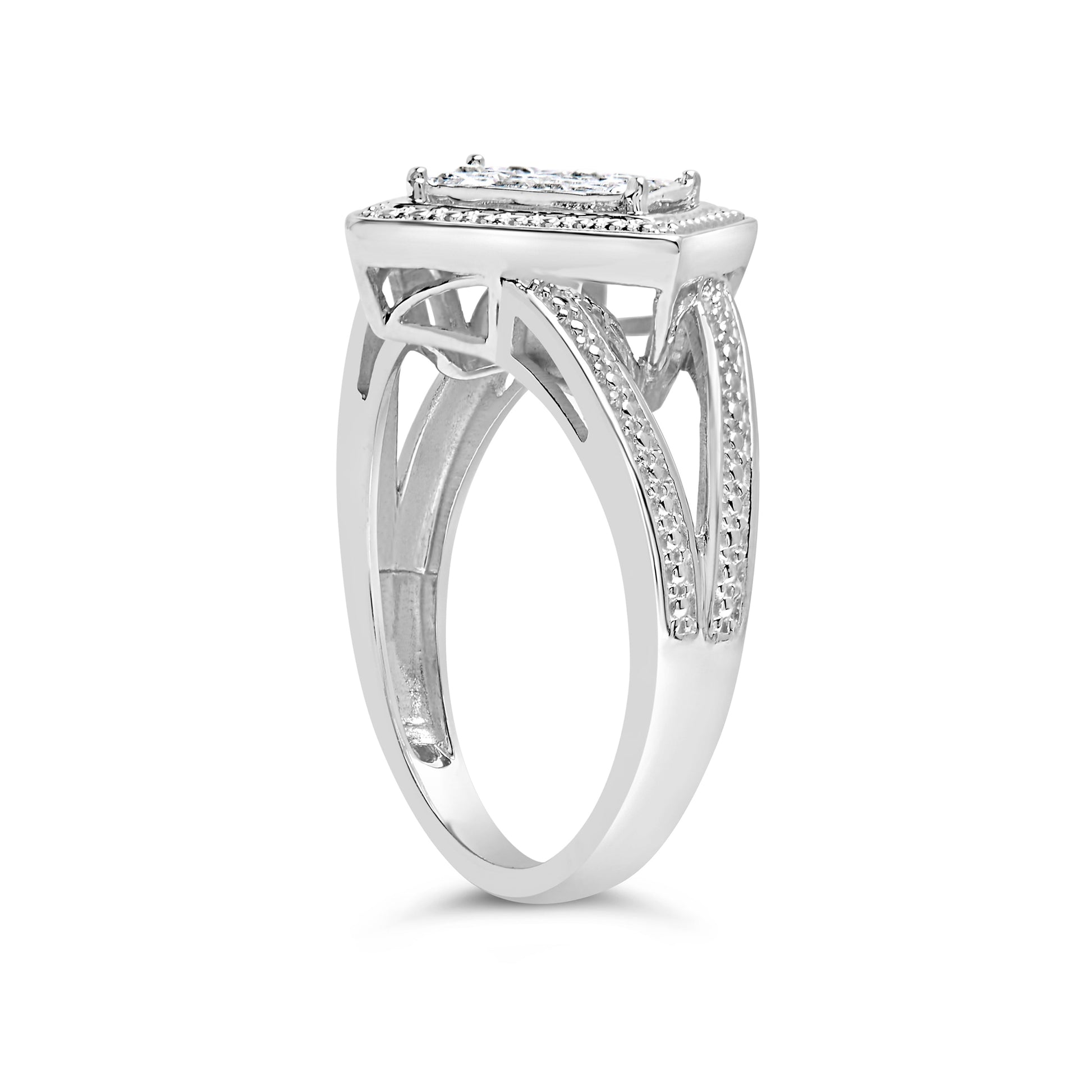 .925 Sterling Silver 1/3 Cttw Invisible Set Princess-Cut Diamond Rhombus and Beaded Halo Ring (H-I Color, SI1-SI2 Clarity) - Ring Size 7 Bids.com