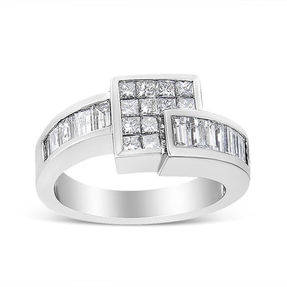 14K White Gold 1 1/2 Cttw Invisible-Set Princess and Channel-Set Baguette Diamond Geometric Bypass Ring Band (G-H Color, SI2-I1 Clarity) - Ring Size 7 Bids.com