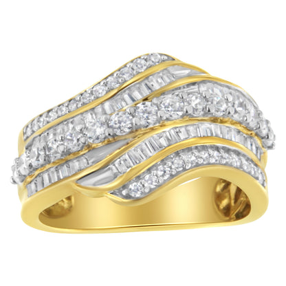 10K Yellow Gold 1.0 Cttw Baguette and Round Diamond Multi-Row Wave Bypass Ring (I-J Color, I1-I2 Clarity) - Ring Size 7 Bids.com