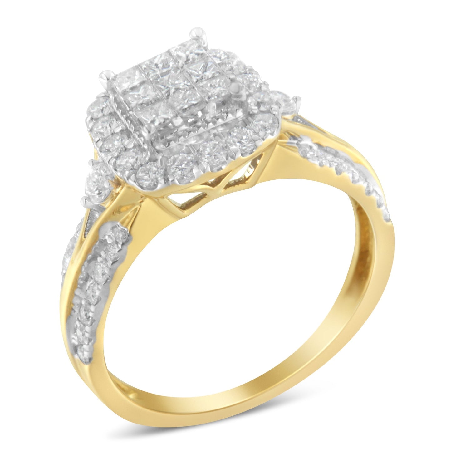 10K Yellow Gold 1.0 Cttw Diamond Composite Cushion-Shape Halo 3-Band-Look Engagement Ring (H-I Color, SI1-SI2 Clarity) - Size 6-1/4 Bids.com