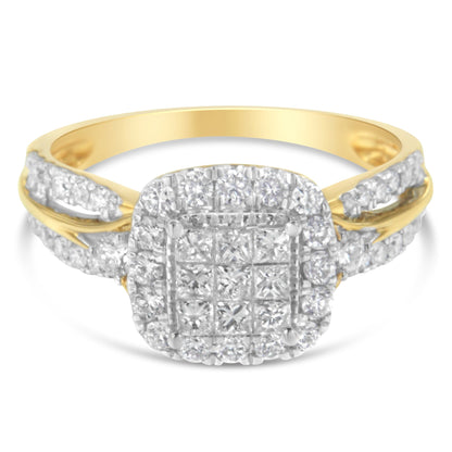 10K Yellow Gold 1.0 Cttw Diamond Composite Cushion-Shape Halo 3-Band-Look Engagement Ring (H-I Color, SI1-SI2 Clarity) - Size 6-1/4 Bids.com