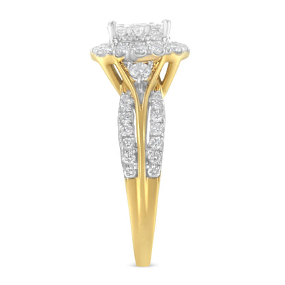 10K Yellow Gold 1.0 Cttw Diamond Composite Cushion-Shape Halo 3-Band-Look Engagement Ring (H-I Color, SI1-SI2 Clarity) - Size 6-1/4 Bids.com