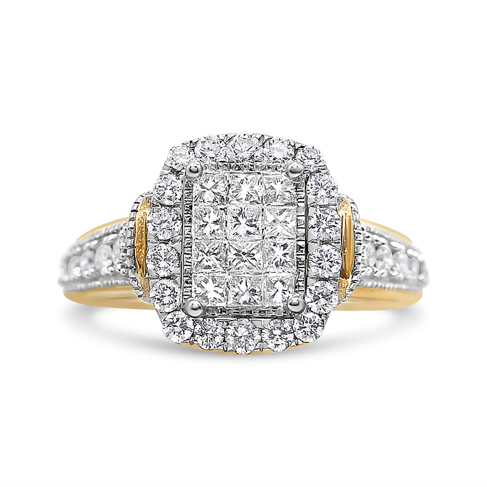 14K Yellow and White Gold 1.00 Cttw Princess and Round Cut Emerald Shaped Halo Diamond Cluster Ring (SI1-SI2 Clarity, H-I Color) - Size 7 Bids.com