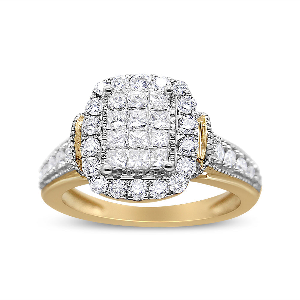 14K Yellow and White Gold 1.00 Cttw Princess and Round Cut Emerald Shaped Halo Diamond Cluster Ring (SI1-SI2 Clarity, H-I Color) - Size 7 Bids.com