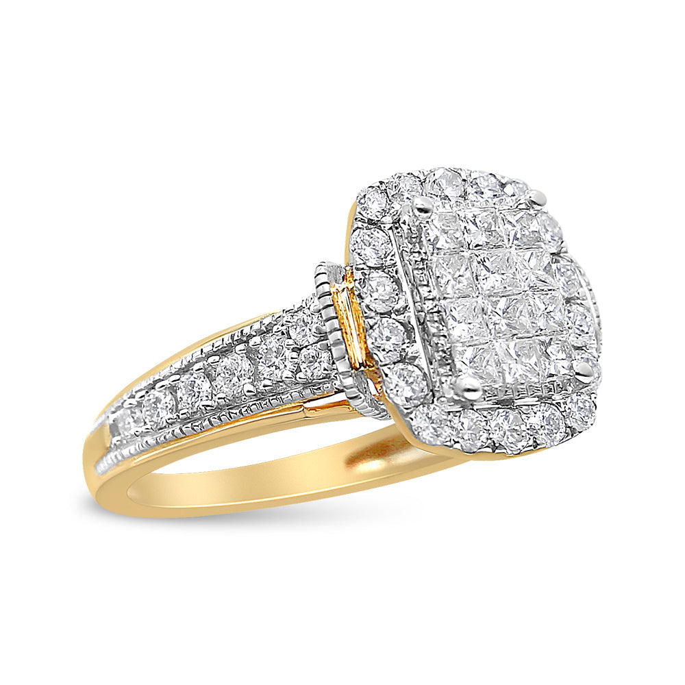 14K Yellow and White Gold 1.00 Cttw Princess and Round Cut Emerald Shaped Halo Diamond Cluster Ring (SI1-SI2 Clarity, H-I Color) - Size 7 Bids.com