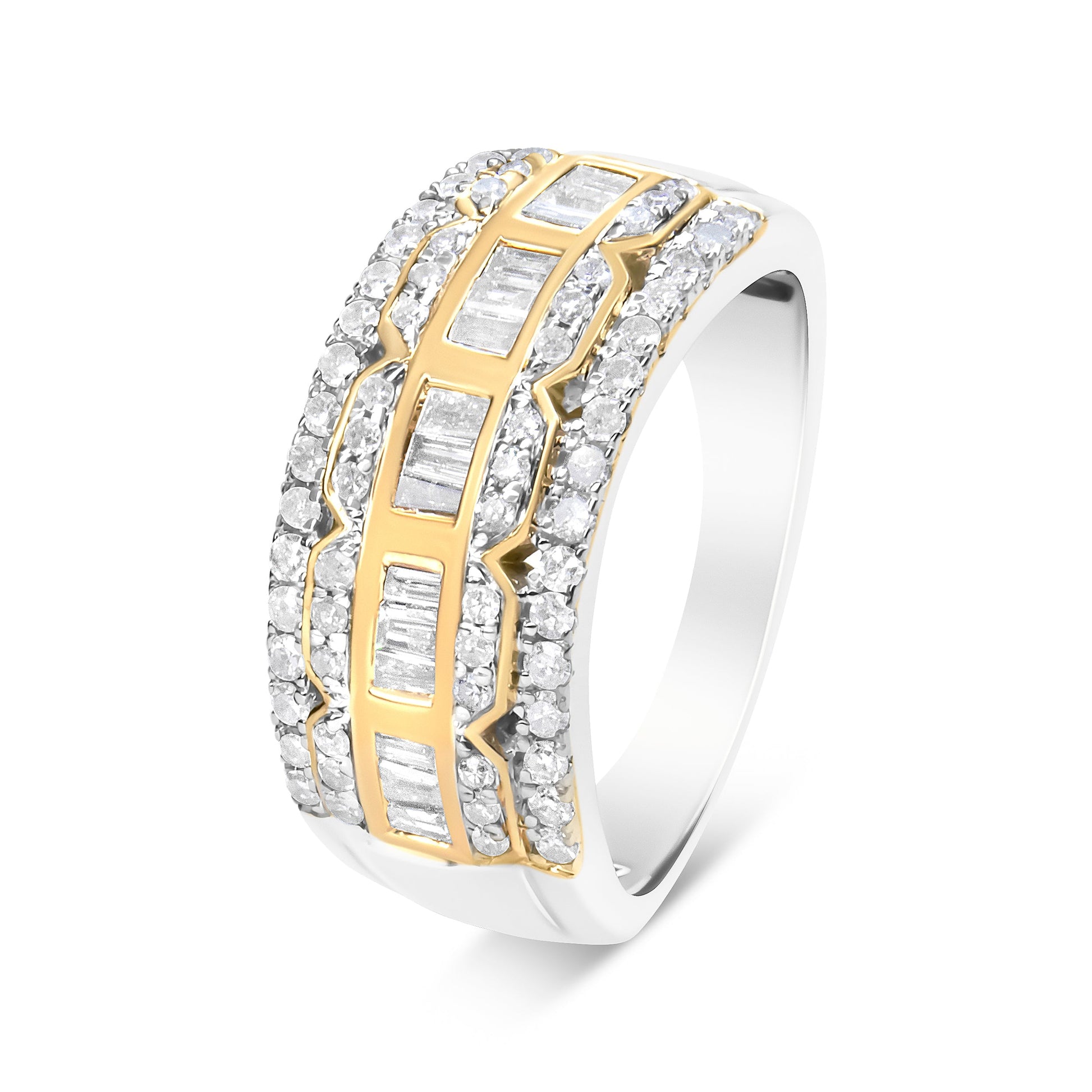 10K White and Yellow Gold 1.00 Cttw Baguette and Round cut Diamond Art Deco Multi-Row Ring Band (I-J Color, I1-I2 Clarity) - Ring Size 7 Bids.com