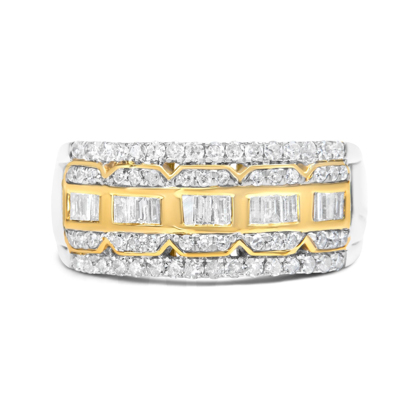10K White and Yellow Gold 1.00 Cttw Baguette and Round cut Diamond Art Deco Multi-Row Ring Band (I-J Color, I1-I2 Clarity) - Ring Size 7 Bids.com