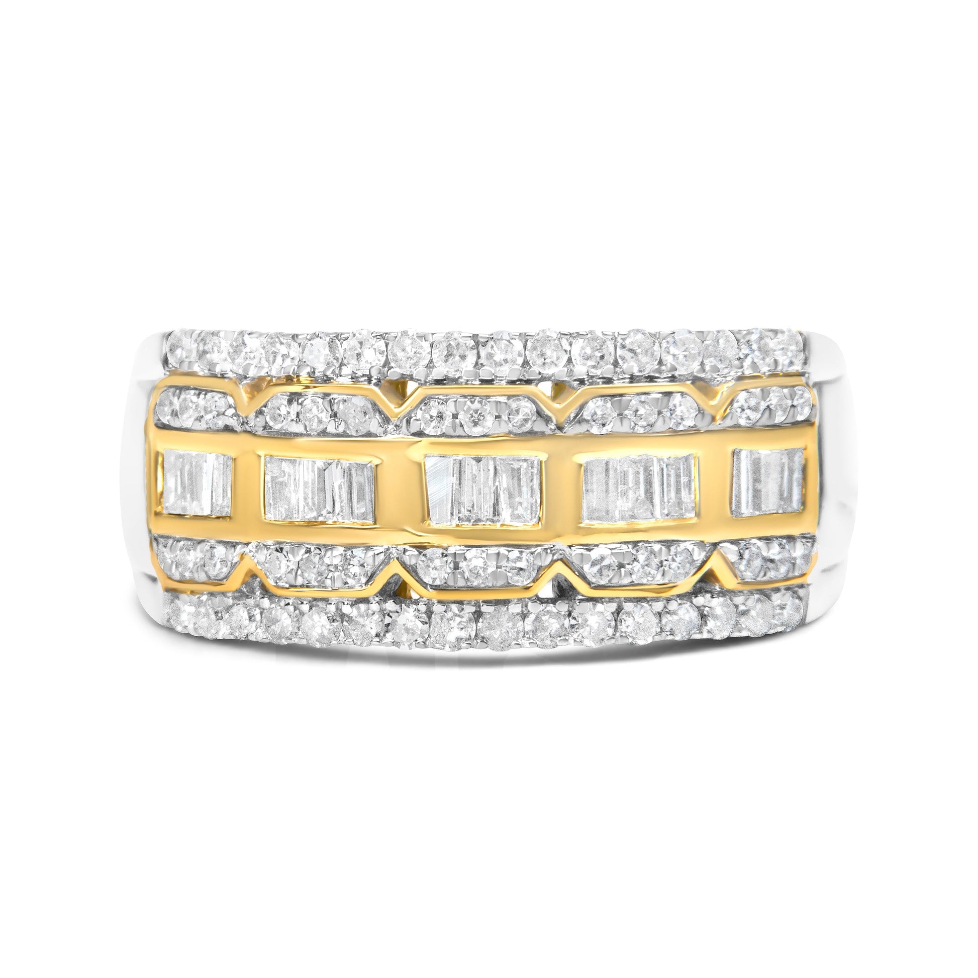 10K White and Yellow Gold 1.00 Cttw Baguette and Round cut Diamond Art Deco Multi-Row Ring Band (I-J Color, I1-I2 Clarity) - Ring Size 7 Bids.com