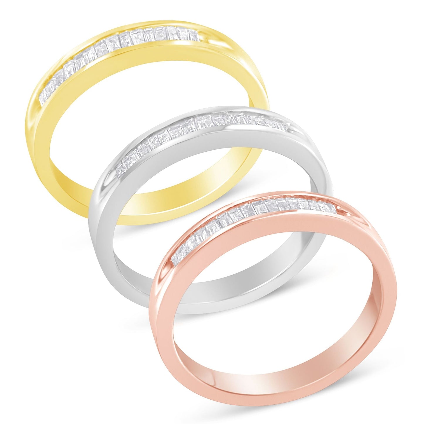 10K Yellow, White and Rose Gold over .925 Sterling Silver 5/8 Cttw Diamond Channel-Set Stackable Band Ring Set (H-I Color, I1-I2 Clarity) - Size 6 3/4 Bids.com
