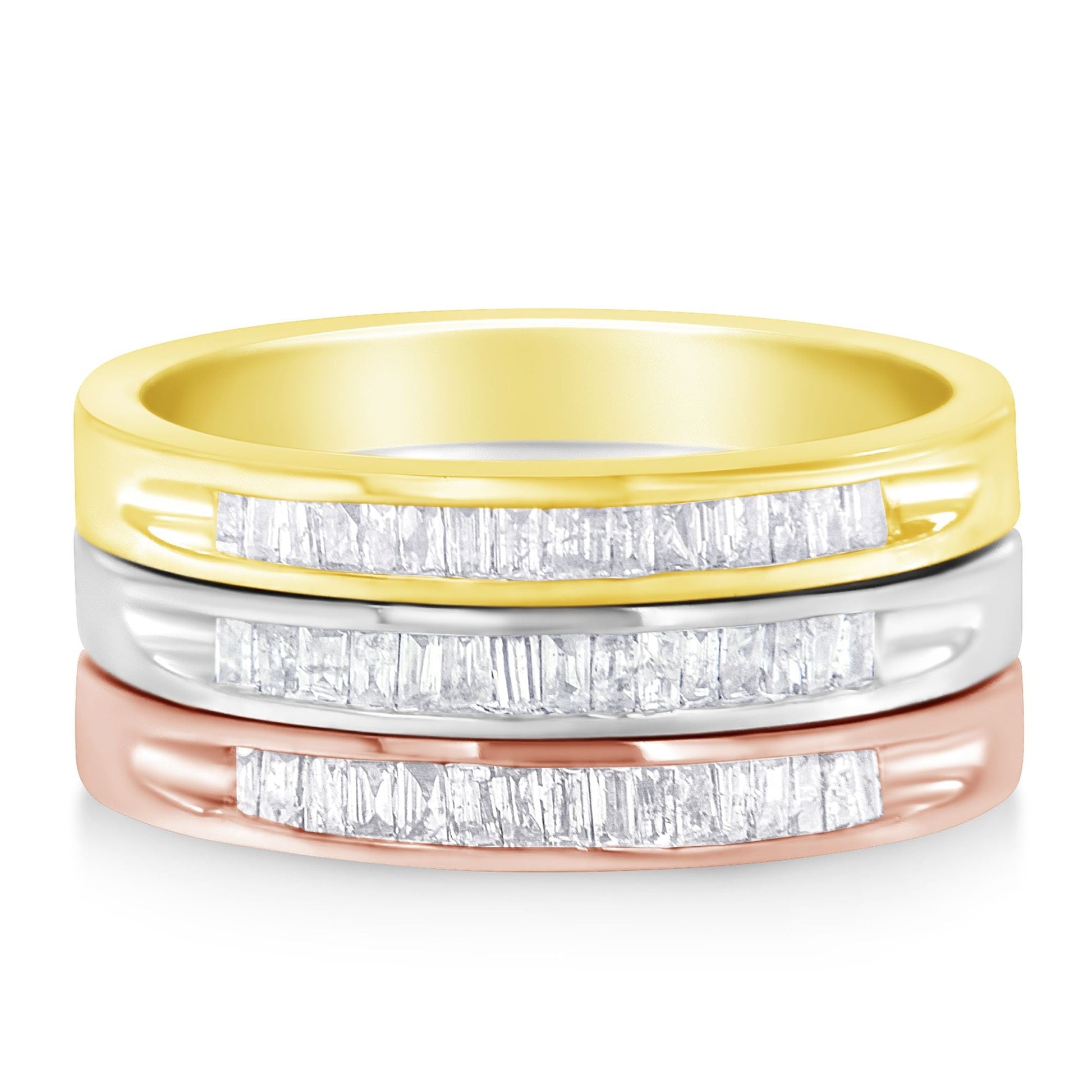10K Yellow, White and Rose Gold over .925 Sterling Silver 5/8 Cttw Diamond Channel-Set Stackable Band Ring Set (H-I Color, I1-I2 Clarity) - Size 6 3/4 Bids.com