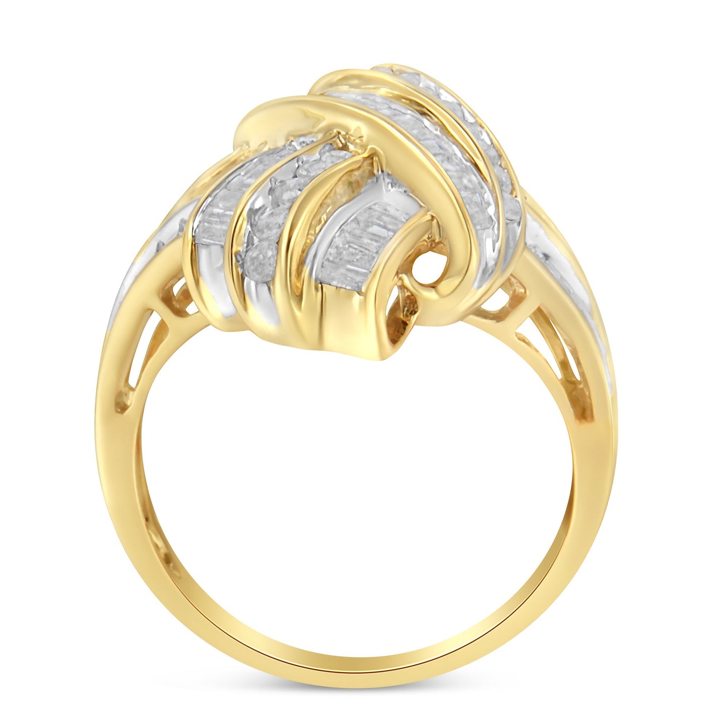 10K Yellow Gold Plated .925 Sterling Silver 1.0 Cttw Round & Baguette Diamond Knot Channel Statement Ring (I-J Color, I2-I3 Clarity) - Size 6 Bids.com