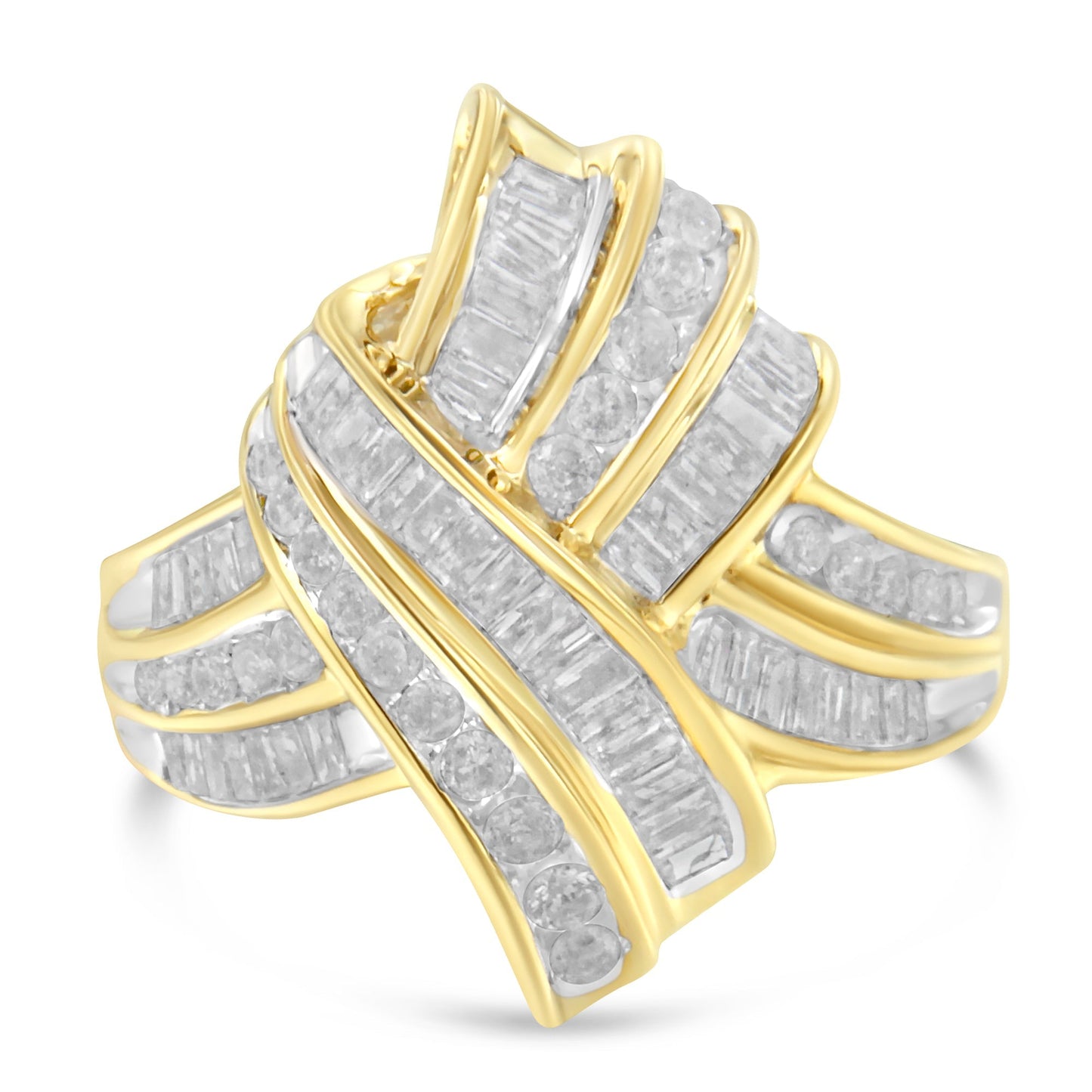 10K Yellow Gold Plated .925 Sterling Silver 1.0 Cttw Round & Baguette Diamond Knot Channel Statement Ring (I-J Color, I2-I3 Clarity) - Size 6 Bids.com