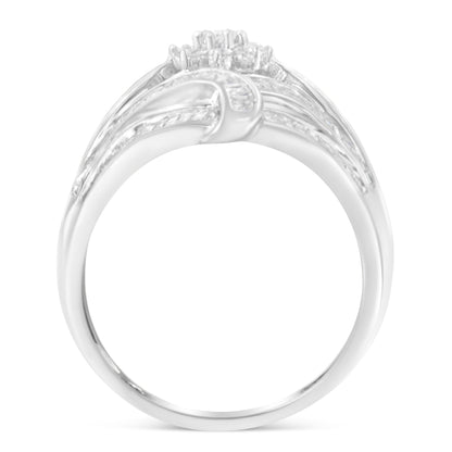 .925 Sterling Silver 1-1/8 Cttw Round & Baguette Diamond 'Flower & Fern' Cluster Cocktail Fashion Ring (I-J Color, I2-I3 Clarity) - Size 6 Bids.com
