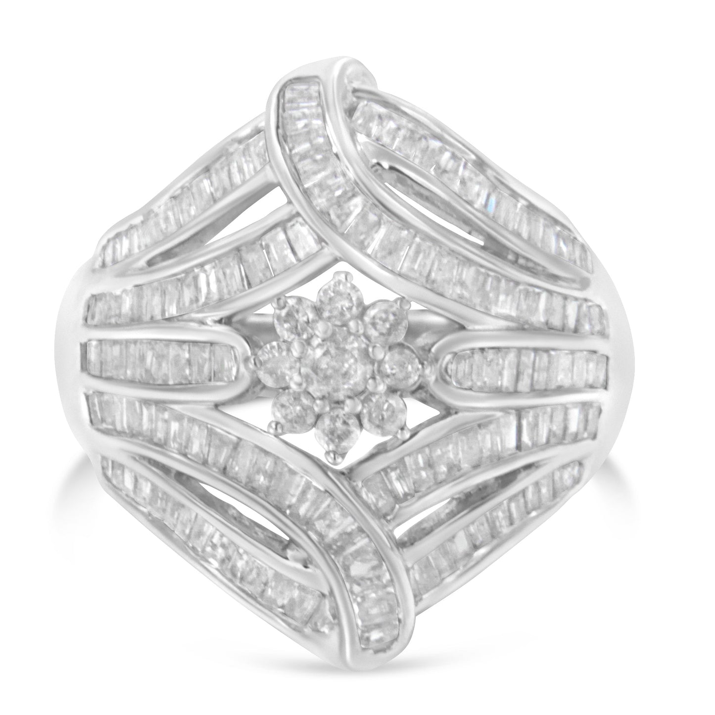.925 Sterling Silver 1-1/8 Cttw Round & Baguette Diamond 'Flower & Fern' Cluster Cocktail Fashion Ring (I-J Color, I2-I3 Clarity) - Size 6 Bids.com
