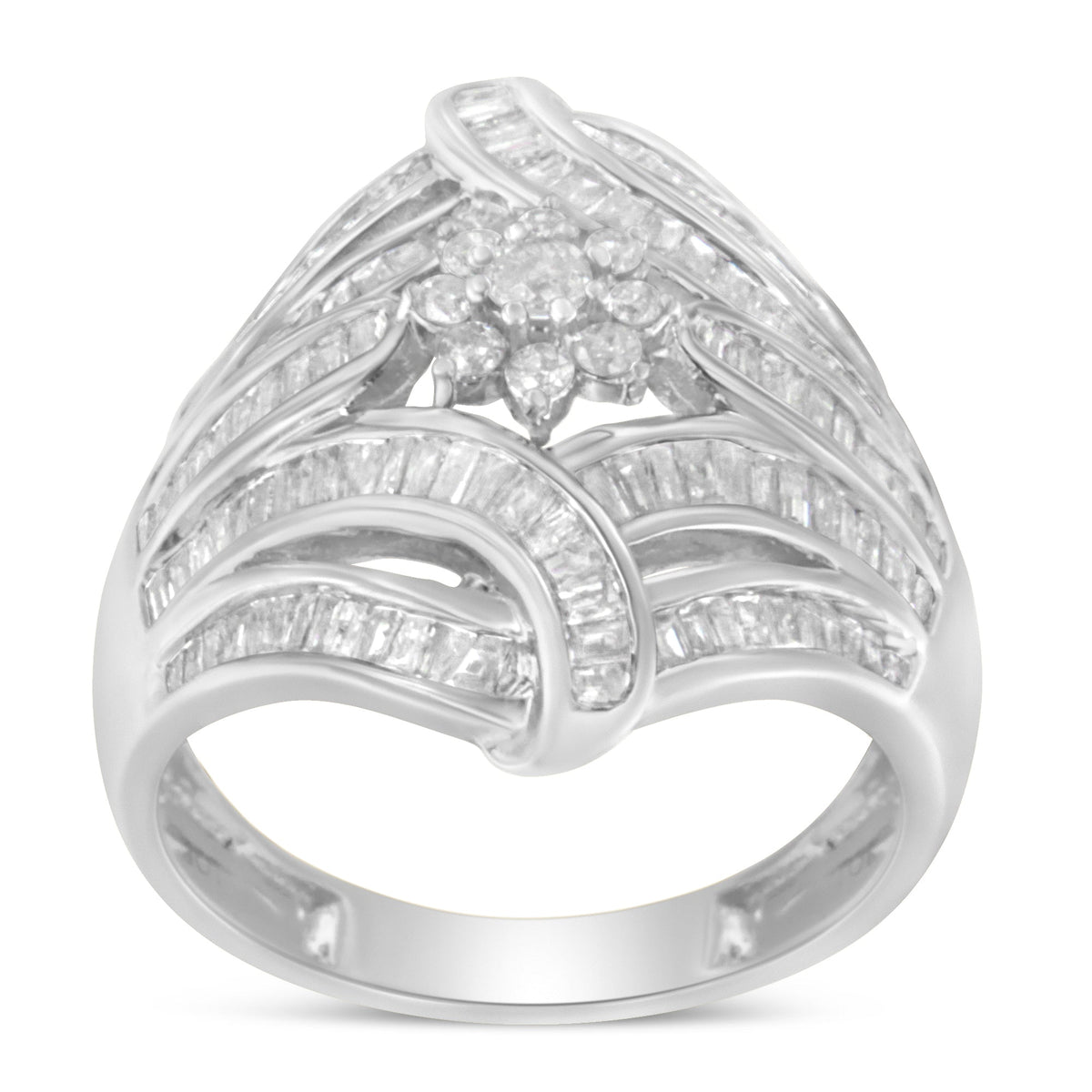 .925 Sterling Silver 1-1/8 Cttw Round & Baguette Diamond 'Flower & Fern' Cluster Cocktail Fashion Ring (I-J Color, I2-I3 Clarity) - Size 6 Bids.com