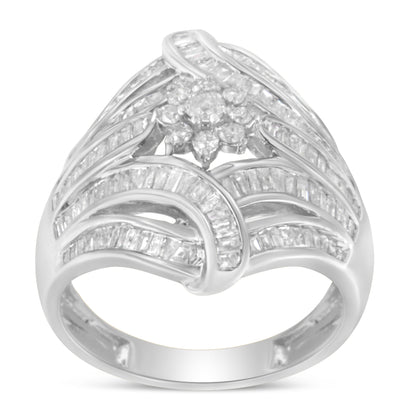 .925 Sterling Silver 1-1/8 Cttw Round & Baguette Diamond 'Flower & Fern' Cluster Cocktail Fashion Ring (I-J Color, I2-I3 Clarity) - Size 6 Bids.com