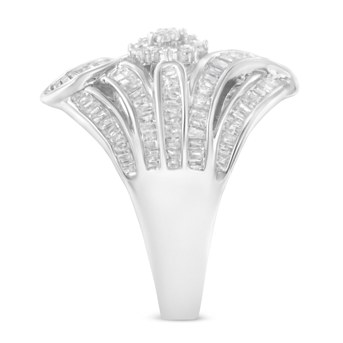 .925 Sterling Silver 1-1/8 Cttw Round & Baguette Diamond 'Flower & Fern' Cluster Cocktail Fashion Ring (I-J Color, I2-I3 Clarity) - Size 6 Bids.com