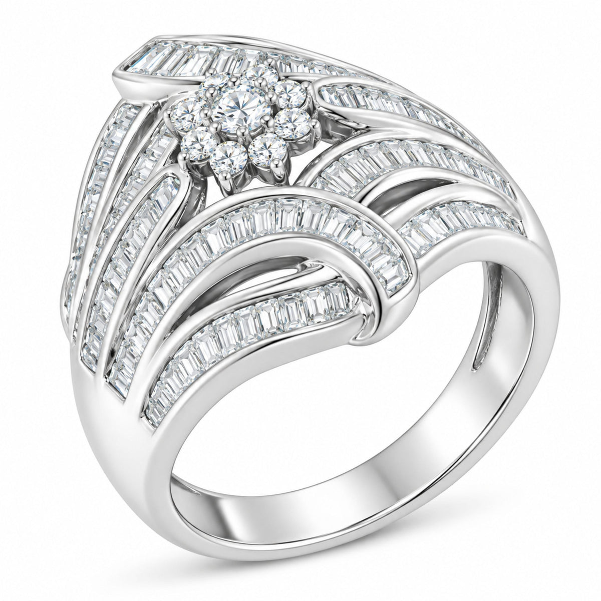 .925 Sterling Silver 1-1/8 Cttw Round & Baguette Diamond 'Flower & Fern' Cluster Cocktail Fashion Ring (I-J Color, I2-I3 Clarity) - Size 6 Bids.com
