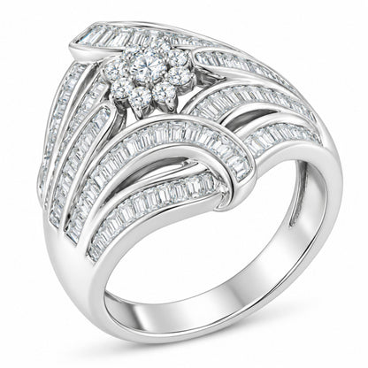 .925 Sterling Silver 1-1/8 Cttw Round & Baguette Diamond 'Flower & Fern' Cluster Cocktail Fashion Ring (I-J Color, I2-I3 Clarity) - Size 6 Bids.com